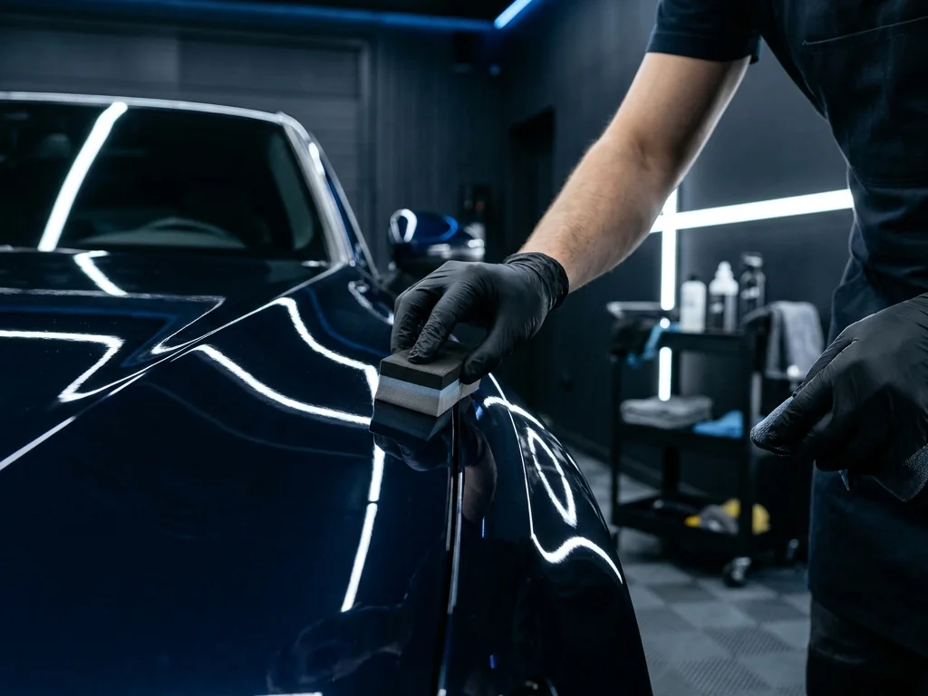 Carro preto vitrificado com gotas de água na pintura